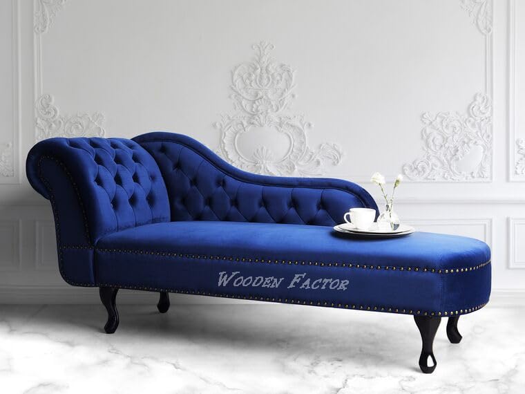 WOODEN FACTOR Lazy Couch and chesterfiled Chaise Lounge Sofa/Velvet Chaise Loung for Bedroom/Living Room/Office/Reception Velvet (Blue Left Sided)-image-27
