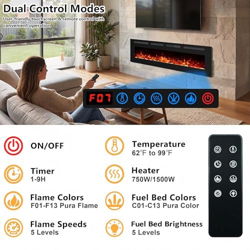 Mystflame 60" Ultra-Thin Electric Fireplace, Recessed/Wall, WiFi App, Black - image 3