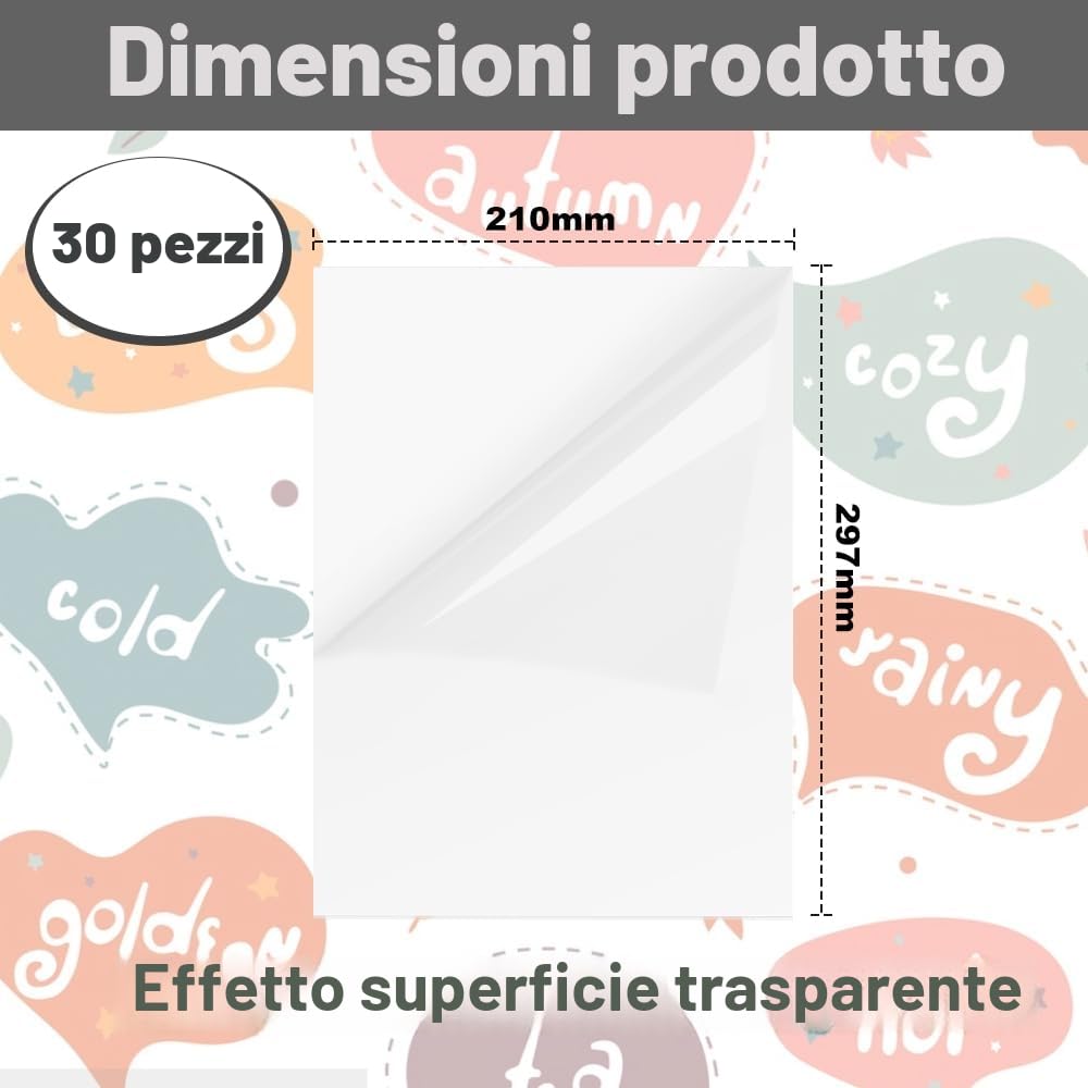 Carta Adesiva Stampabile Trasparente A4, 30 Fogli per Getto d'inchiostro e Laser, 21x29,7 cm