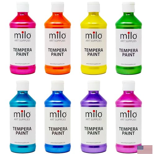 milo Washable Paint for Kids | Sparkle Pearlescent Tempera | Set of 8 Colors 8 oz Bottles | Made in the USA | Washable and Non-Toxic Glitter Art & Craft Poster Paints for Children, Toddlers, Classroom, School, Project