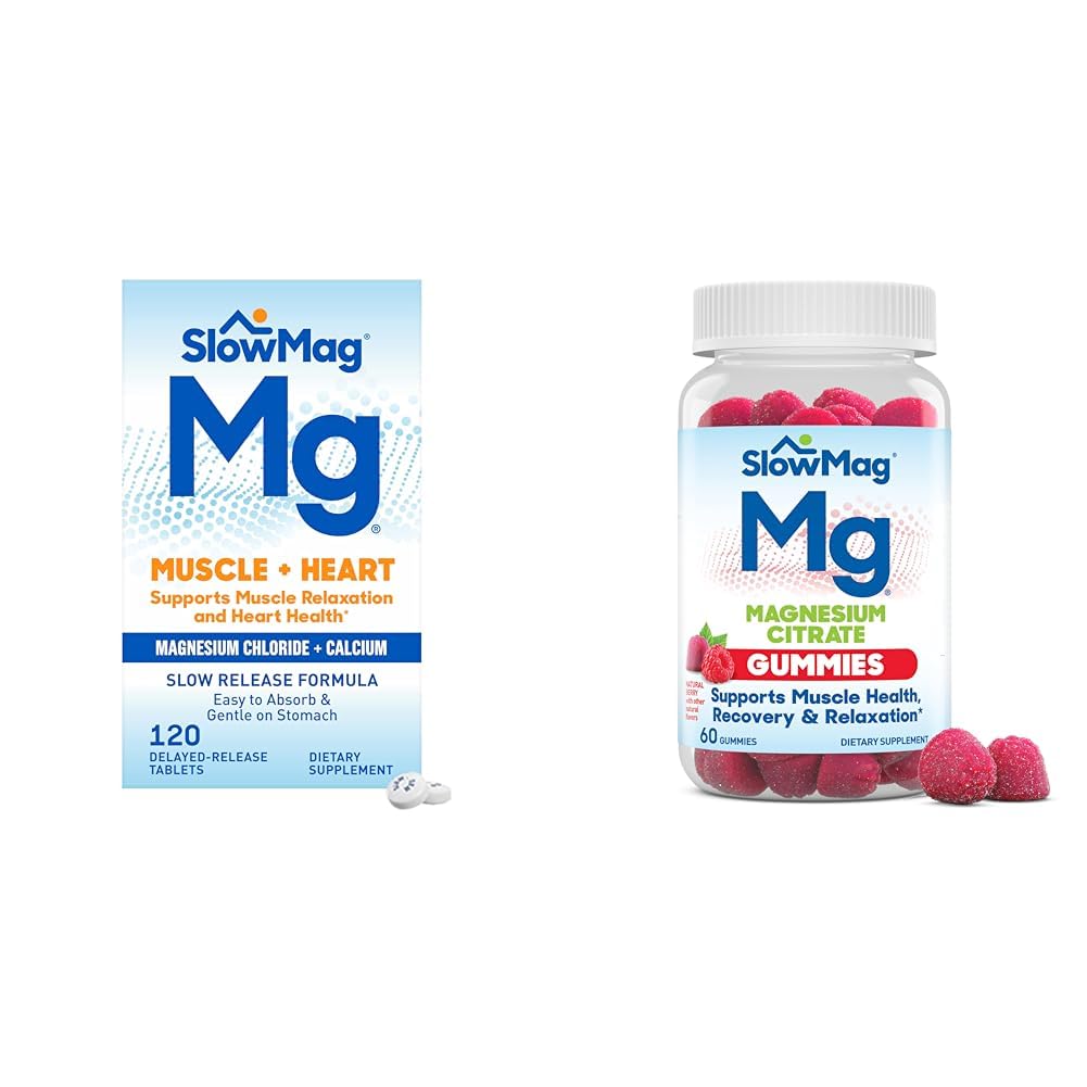 SlowMag Muscle + Heart Magnesium Chloride with Calcium 120 Count Mg Muscle Health + Recovery Gummies 60 Count
