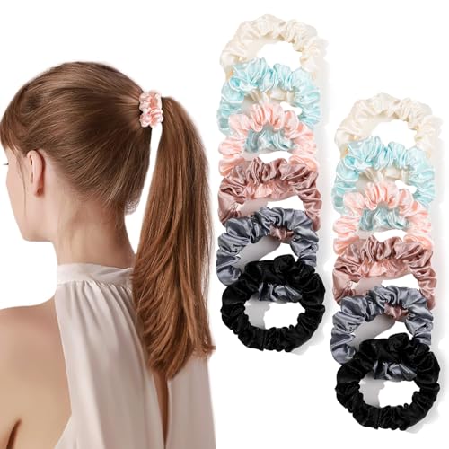 Image of Silk Hair Ties Satin Scrunchies - Small Mini Scrunchy for Women Thick Hair Accessories Cute Soft No Slip Hair Elastics Ponytail Holder for Curly Hair No Damage Hairties Gift for Girls
