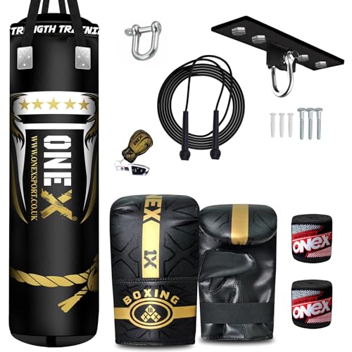 Punch Bag Boxing Training, Filled 4ft 3ft 5ft Heavy Duty set, Wall Bracket Punching Gloves, Kickboxing MMA Grappling Muay Thai Karate BJJ, Hand Wraps Adult Home Gym Fitness (4ft, Ceiling Hook)