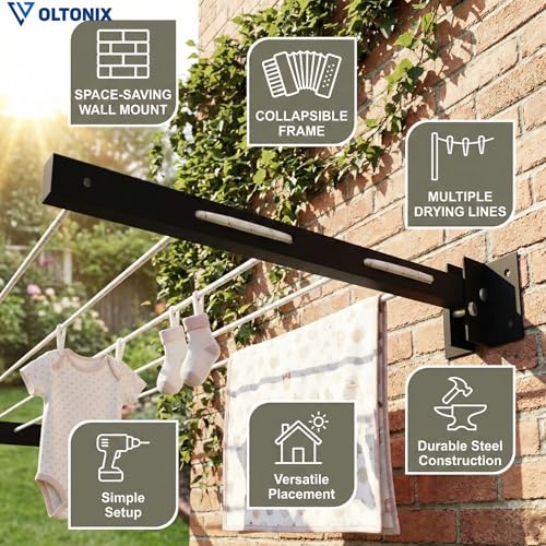 Image of Metal Foldable Wall Mount Cloth Drying Stand with 30 Feet Rope, Space Saving, Wall Mounted, for Balcony and Indoor Use (Black)