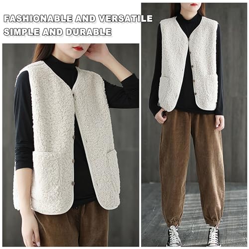 beifon Teddy Fleece Weste Damen Herbst Winter Warm, Ärmellos Fellweste Damen Einfarbig V-Ausschnitt Knöpfen Fleeceweste aus Teddyfell, Fell Weste Kurz Plüschweste Teddyweste Outwear Thermoweste