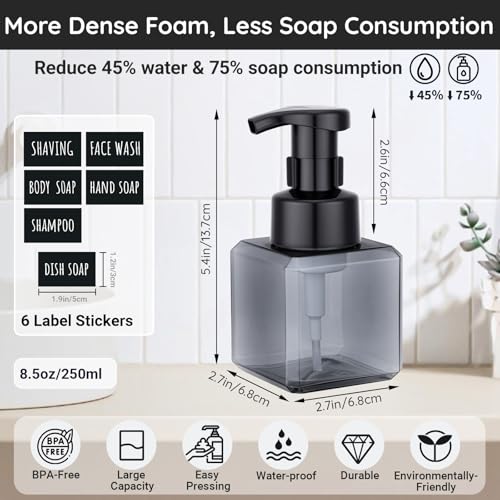 Image of Segbeauty Square Foaming Soap Dispenser Bathroom, 2pcs 8.5oz Gray Foam Soap Dispenser for Kitchen Sink, 250ml Small Plastic Foam Bottle with Waterproof Labels, Foaming Bottle Set for Shampoo Face Wash