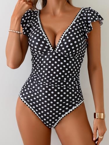 Image of Aidonger Women's One Piece Ruffle Swimsuit Tummy Control Bathing Suit V Neck Shell Stitched Swim Suit Slimming Swimwear