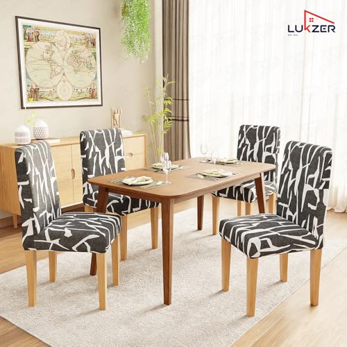 Image of Lukzer 2PC Grey & White Stretchable Dining Chair Cover | Universal Fit Removable Washable Slipcover | 140 GSM Polyester + Spandex | Elastic Protective Cover for Home & Hotel Chairs Seat Slipcover