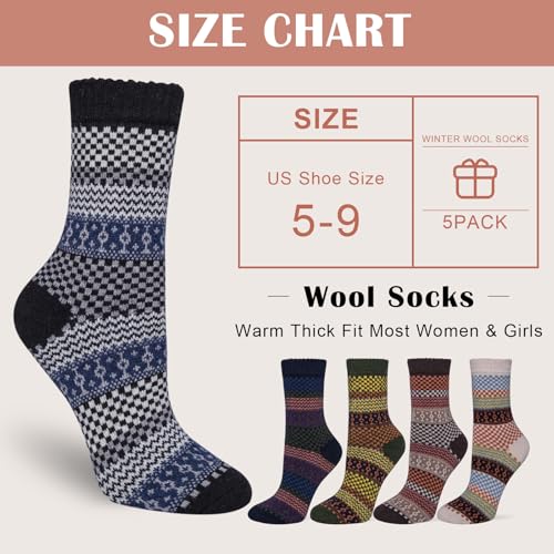 Pack of 5 Womens Thick Knit Warm Casual Wool Crew Winter Socks, Size 5 to 10 Mixed Color