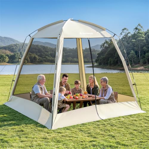 8 × 8ft Camping Screen Tent for 6-8 People, Easy Setup House Tent with 8 Ground Stakes & 4 Windproof Ropes, Portable Screened Canopy with Mosquito Net for Outdoor, Patios, Backyard, Beige