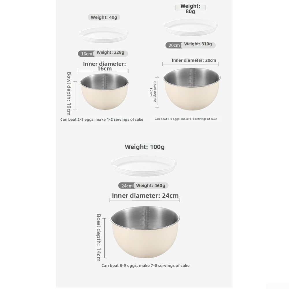 304 Edelstahl Schüssel mit Deckel | Rührschüssel, Salatschüssel, Schüsselset, | rutschfest | stapelbar | ideals zum Kochen Backen Salate Zubereiten Eier Aufschlage(3 White Lid)