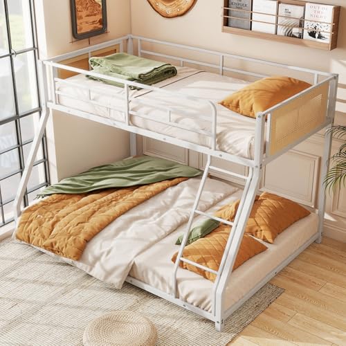 Rattan Twin-Over-Full Bunk Bed with Safety Guardrail