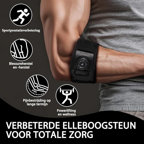 Tennis Elleboog Band voor Heren en Dames | Verstelbare Elleboogbrace voor Tenniselle, Golfelle en Tendinitis | Ademend en Regelbaar (Zwart, Universeel Maten) - Afbeelding 4