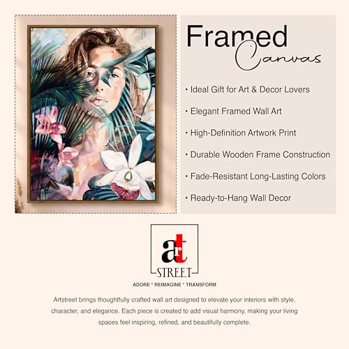Image of Tropical Botanical Woman Portrait Framed Canvas Painting For Living Room | Modern Floral Abstract Female Wall Art For Livingroom Wall Decor, Home Decor, Bedroom, Hallway's, Office, Hotel - 43x58 cm