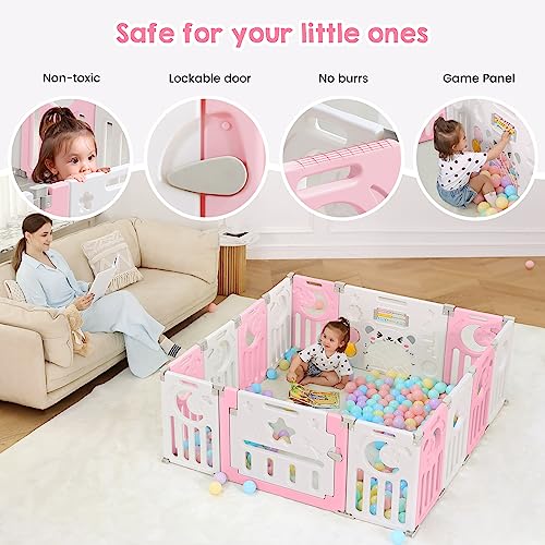 Baby Playpen, Dripex Baby Playard for Babies and Toddlers, 14-Panel Foldable Playpen Adjustable Portable Play Area, Indoor/Outdoor Kids Active Center with Game Panel & Safety Gate, Pink White