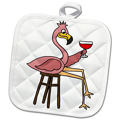 3D Rose Funny Pink Flamingo On Bar Stool Drinking Red Wine Pot Holder, 8 X 8 #TOP8