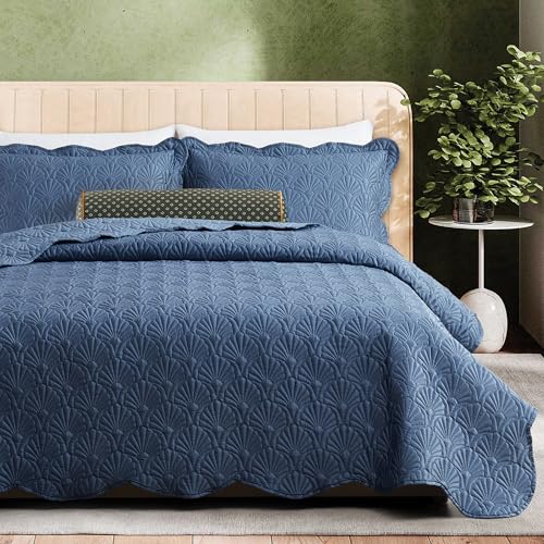 Ted Baker Quilt Set Queen – 3-Piece Blue Shell Quilt with Shams – Satin, Lightweight Bedspread