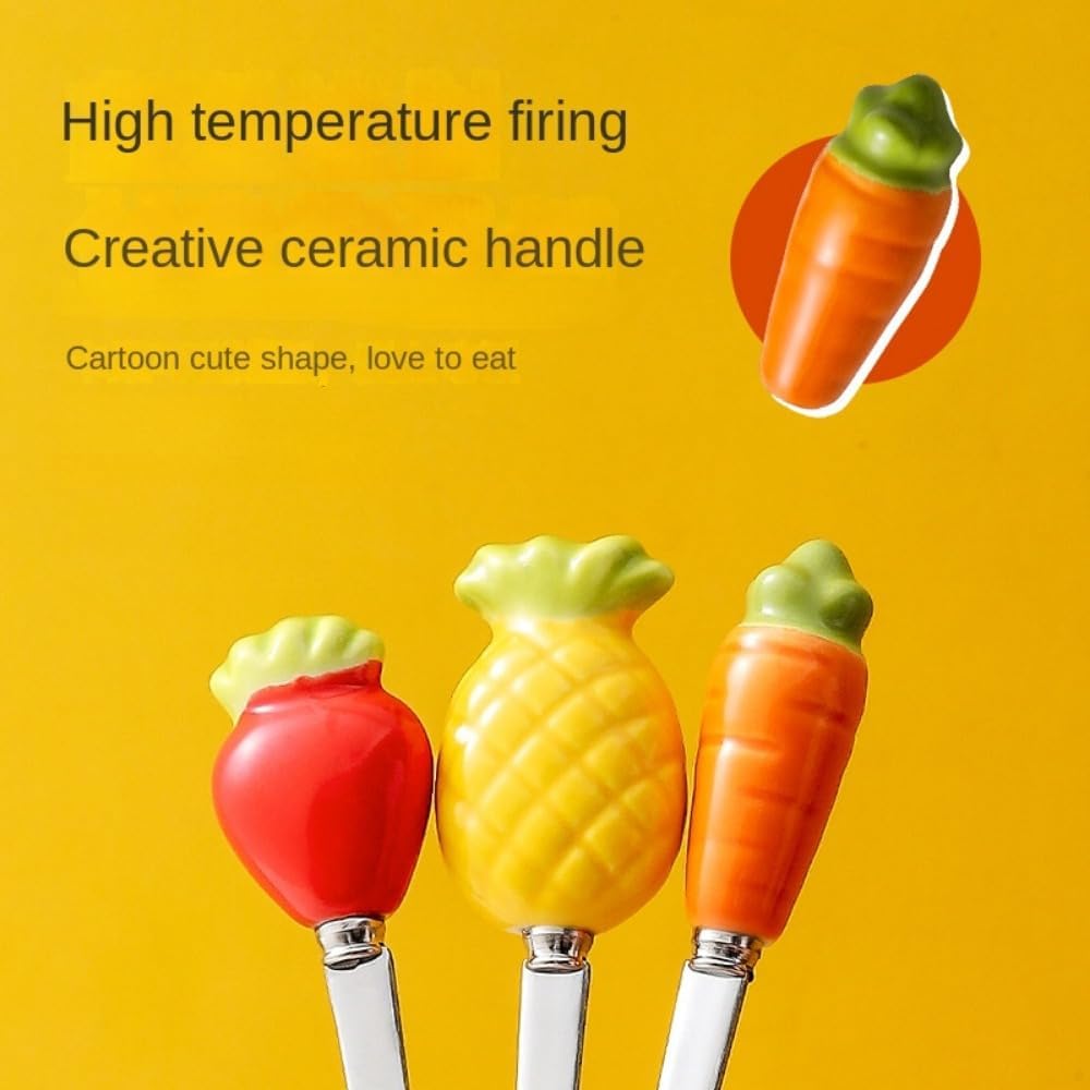 (6 Pieces) Personalized Fruit Ceramic Handle Small Fork Stainless Steel Fruit Fork Dessert Moon Cake Fork Coffee Spoon (Mixed)