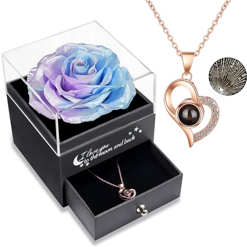 Yamonic Rosa Real preservada, Rosa eterna para el día de San Valentín, día de la Madre, Aniversario de Bodas, Regalo de cumpleaños para Ella,Azul-púrpura