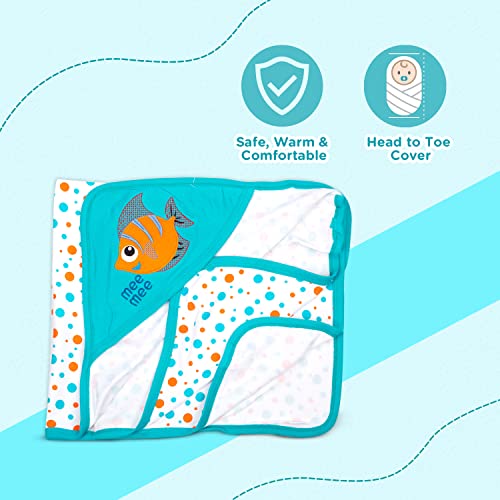 Image of Mee Mee 100% Soft Cotton Hooded Baby Wrapper Cum Warmer, Blanket with Hood for New Born Baby 0 to 6 Months (Blue)