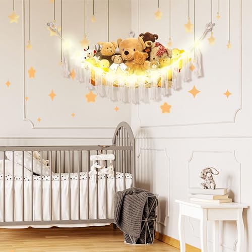 Image of CERETIA Stuffed Animal Hammock with LED Light, Large Stuffed Animals Storage Corner Plushie Net for Kids Room Decor, 2 Packs White