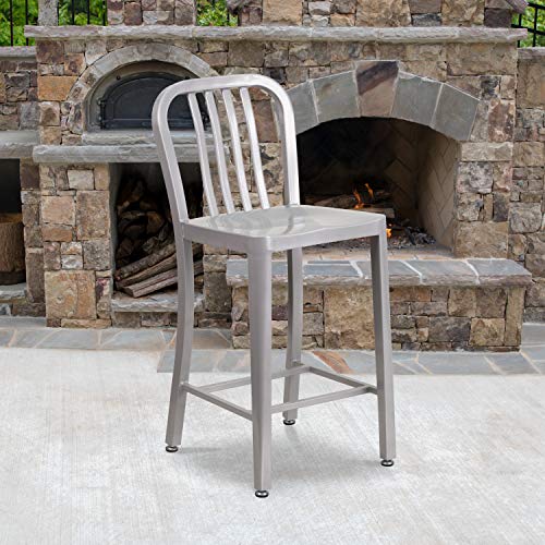 Flash Furniture Commercial Grade 24" High Silver Metal Indoor-Outdoor Counter Height Stool With Vertical Slat Back #TOP1
