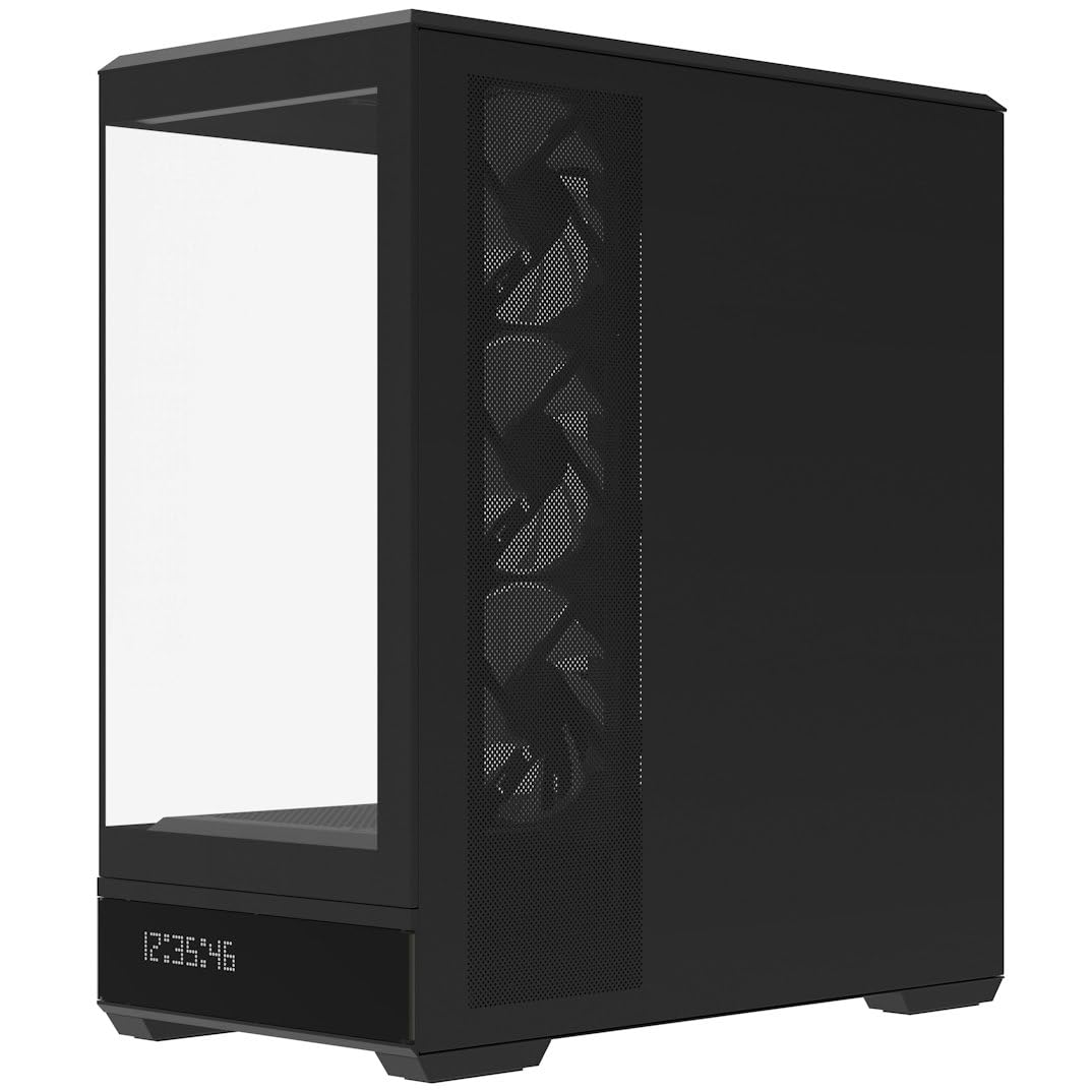 Aerocool P500B Digi schwarzes ATX-Gehäuse, Nahtloser Punkt-Pixel-LED-Bildschirm, 360 mm AIO und Reverse BTF-Motherboard-Unterstützung, verstellbare GPU-Unterstützung, ARGB-PWM-Lüfter x4