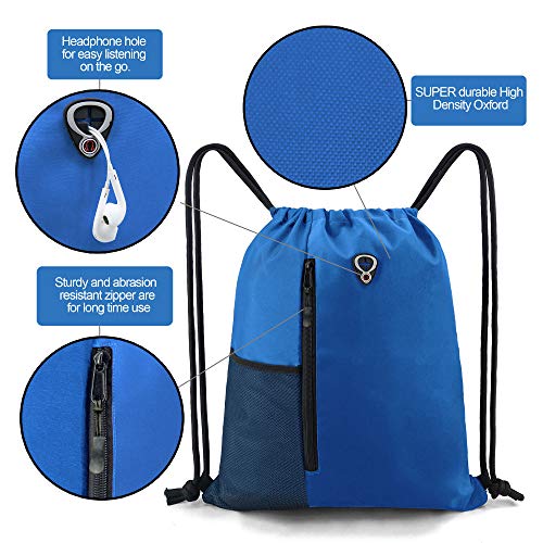 Image of BeeGreen Royalblue Draw Strap Backpack For Men With Water Bottle Pocket &Front Zippered Pocket Large String Bags For Traveling Yoga Beach Outdoor Gym