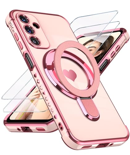 Liufcx for Samsung Galaxy A16 5G Love Heart Kickstand Case with 2X Screen Protector: Luxury Plated Gold Edge Slim Soft TPU Shockproof Protection Case Cover for Galaxy A16 (Pink)