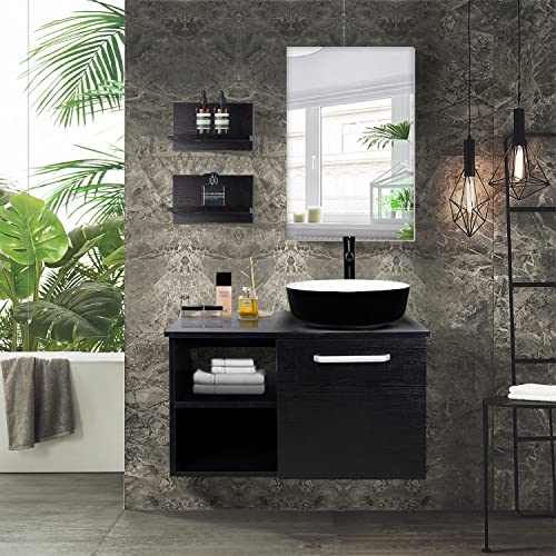Puluomis 28 Inch Bathroom Vanity, Modern Lavatory Wall Mounted Wood Cabinet, With Mirror, Wood Black Fixture, White And Black Ceramic Porcelain Sink Top With Single Faucet Hole #TOP6