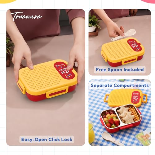 Image of Trueware BRIX Fun Food and Play 304 Stainless Steel PU Insulated Lunch Box with Two Compartment BPA Free, Food Grade Ideal for School, Picnic, Office & Outdoor - 540ml