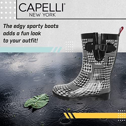 Capelli New York Ladies Houndstooth Printed Mid-Calf Rain Boot White Combo 6