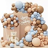 RUBFAC 156pcs Dusty Blue and Brown Balloon Garland Arch Kit, Bear Baby Shower Decoration with Boho Brown Skin Color Blue Balloons for Gender Reveal and Birthday Party Decoration