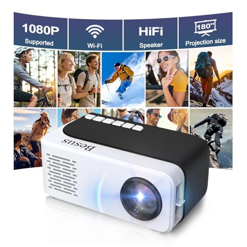 Mini Projector, HD 1080P WiFi Video Projector, Portable Outdoor Projector with Tripod, Gift for Kids, Home Theater Movie Phone Projector Compatible with USB, AV, Smartphone/Tablet/Laptop (black)