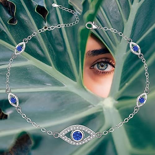 Image of Evil Eye Anklet Sterling Silver Infinity Lotus Flower Evil Eye Anklets for Women Ankle Bracelets Turkish Blue Eyes Protection Chain Jewelry