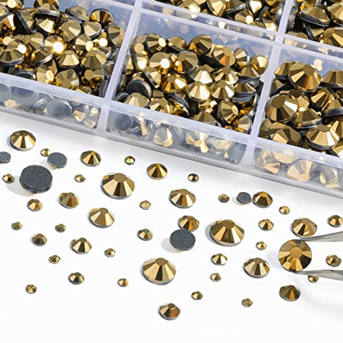Image of 6736pcs Hotfix Rhinestones Flatback,Gold Rhinestones for Crafts Clothes Mixed 5 Sizes, Hotfix Crystals with Tweezers and Wax Pencil Kit, SS6-SS30,Aurum