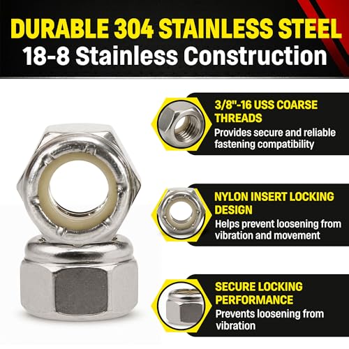 Image of Chenango Supply 3 /8-16 Stainless Steel Nylon Insert Lock Nuts - 304 Stainless, USS Coarse Thread, Reusable Nylock Design, Corrosion-Resistant Hardware, (50 Pieces, 3 /8-16 NyHxNut)