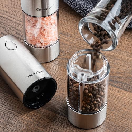 Kitchen Guru Premium Rechargeable Electric Salt and Pepper Grinder Set - Ceramic Grinder, Consistent Output with 6 Coarseness Levels, LED Light - Elevate Your Seasoning Experience