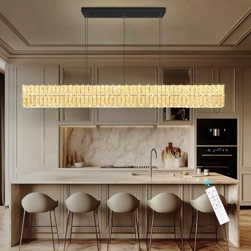 YLKP Rectangular Crystal Chandelier Dimmable LED Linear Chandeliers for Dining Room Remote Ceiling Pendants Light Fixture for Kitchen Island Black by YLKP - Image 2