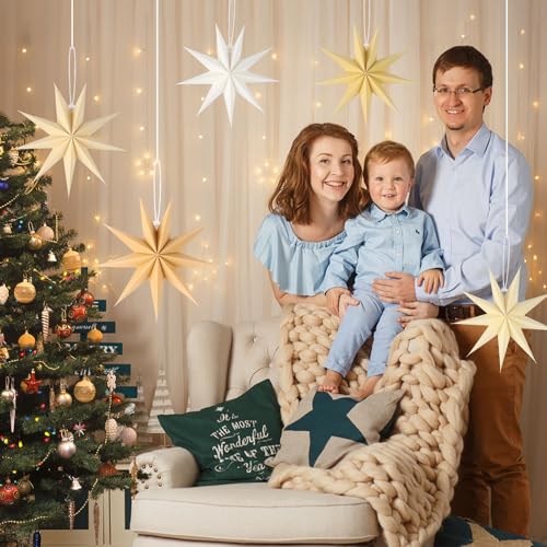 Image of 12 Inches 5 PCS Natural Beige Paper Star Lanterns Christmas Party Decorations Hanging Stars Wedding Birthday Christmas Home Party Decorations(9 Pointed)