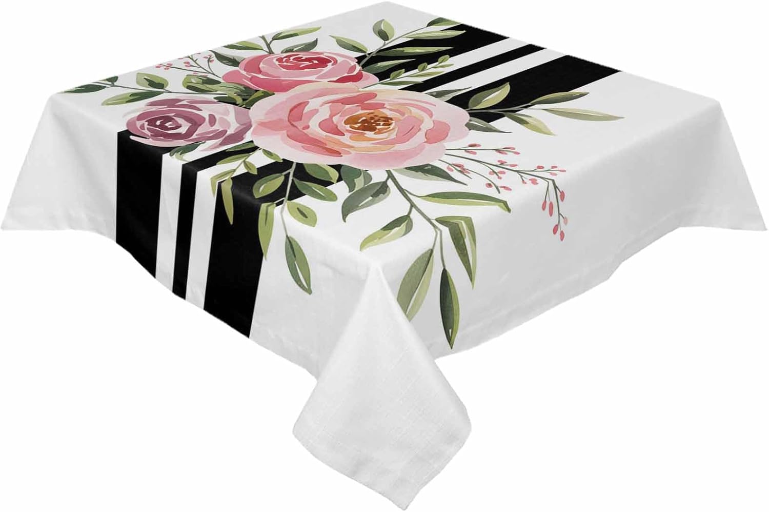 Florals Black White Stripes Flower Tablecloth Washable Fabric Rectangle/Square Table Cloth Cover for Kitchen Dinning Table Top Decoration-60x60Inch-Banquet/Parties/Holiday Dinner/Wedding