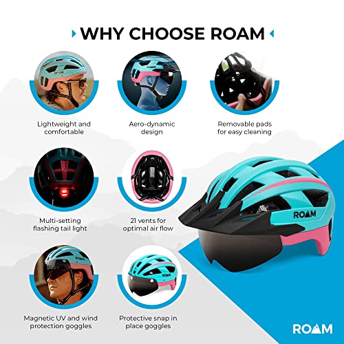 Roam Road Bike Helmet - Durable Helmets For Adults With Sun Visor, Led Light And Detachable Magnetic Goggles - Adjustable Size - Mountain Bicycle Helmet For Adult Men & Women﻿ #TOP7