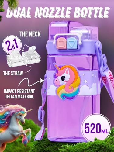 Image of Water Bottle Anti-Leak Kids Unicorn School Water Bottle, 520 ML BPA Free, Cute Rainbow Design Dual Cap With Straw, Strap & Carry Handle (Purple)