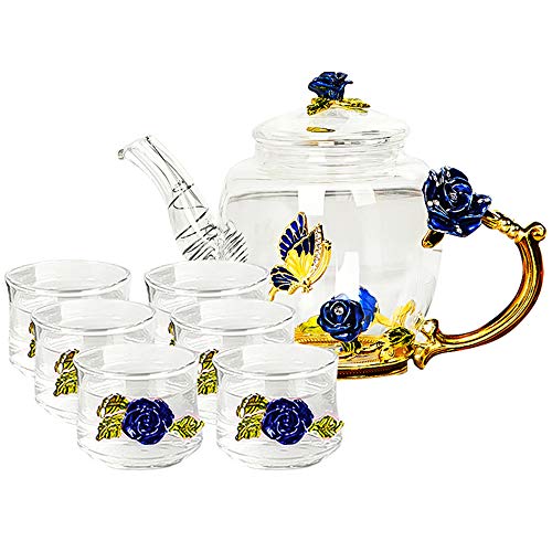 Glass Teapot - 280 ml 947 oz - with 6 Cups France Enamel Blue Rose Flower Butterfly Decoration Heat Resistant Glass Teapot Kettle with Strainer for Blooming Tea Loose Leaf Tea