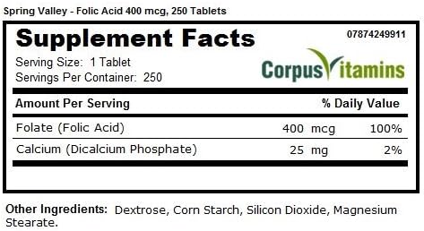 Spring Valley - Folic Acid 400 Mcg, 250 Tablets (2 Pack)