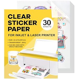 Papier Autocollant Feuilles 30Pcs A4 Autocollant Jet D'encre Transparent Papier Autocollant imperméable En Vinyle Imprimable Pour Imprimante à Jet D'encre Laser 21 x 29,7 cm (Translucide-imperméable)