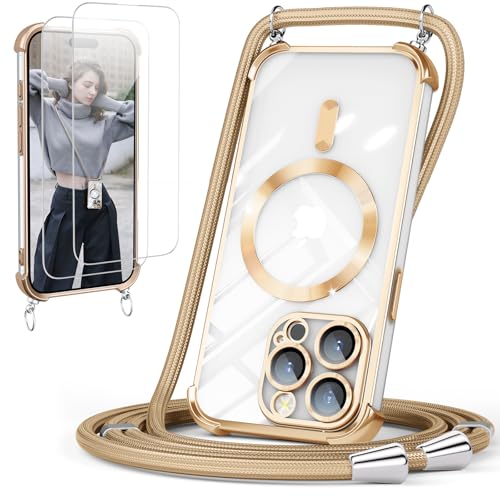 GOODVISH Handykette für iPhone 14 Pro Max Hülle mit Band Magnetisch Gold