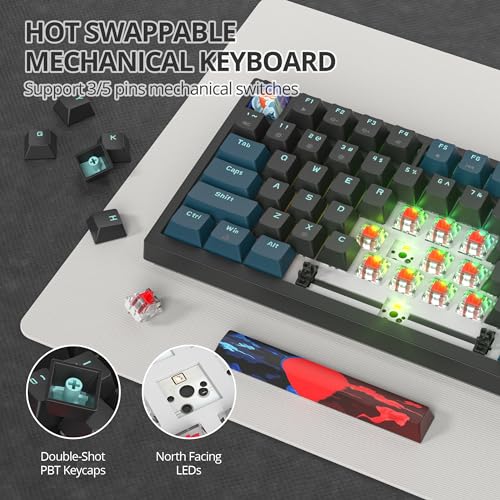 Image of 75% Mechanical Gaming Keyboard, Hot Swappable RGB Backlit Custom With Knob, Gasket Mount USB Wired, 82 Keys Black Blue Linear Red Switch (82 Black Blue)