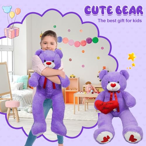 SRANWOW 51.2 Inch Giant Teddy Bear with Soft Heart Pillow, Plush Stuffed Animal, Valentine's Day Gift (Purple, 51.2 Inch) by SRANWOW - Used condition - Image 7