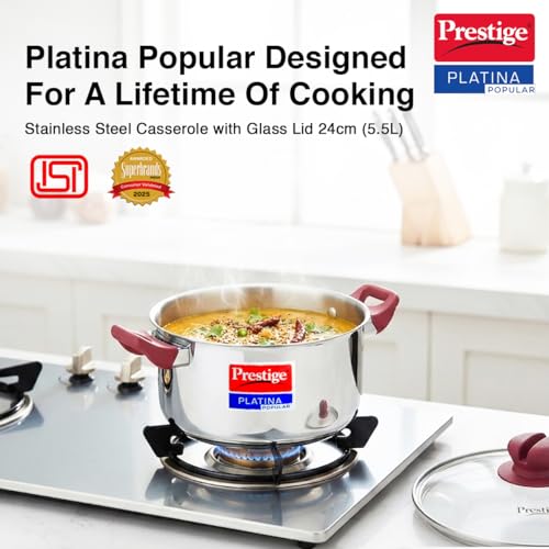 Image of Prestige Platina Popular Stainless Steel Gas and Induction Compatible Casserole with Glass Lid, 240 mm, 5.5 Litre